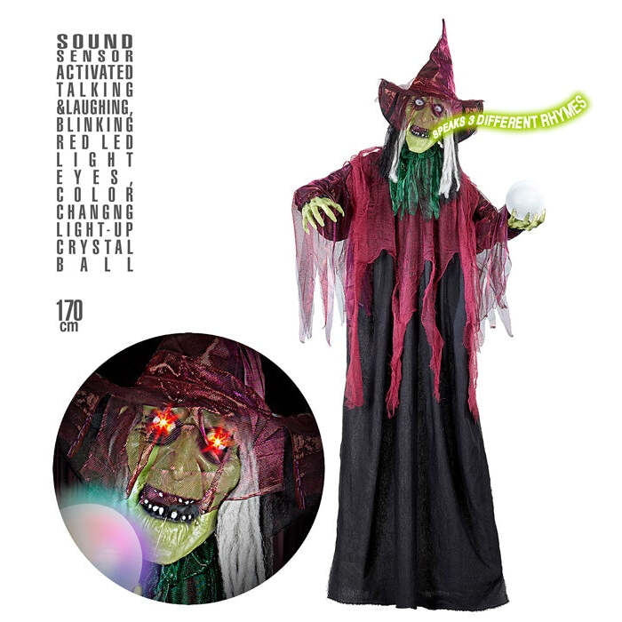 Sound Sensor Activated Animated Talking & Laughing Witch With Blinking Red Led Light Eyes & Color Changing Light-Up Crystal Ball 170 Cm - Speaks 3 Different Rhymes 
