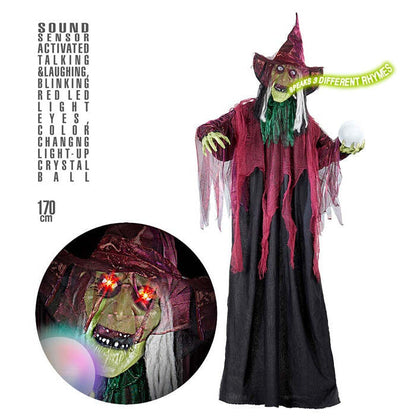 Sound Sensor Activated Animated Talking & Laughing Witch With Blinking Red Led Light Eyes & Color Changing Light-Up Crystal Ball 170 Cm - Speaks 3 Different Rhymes 