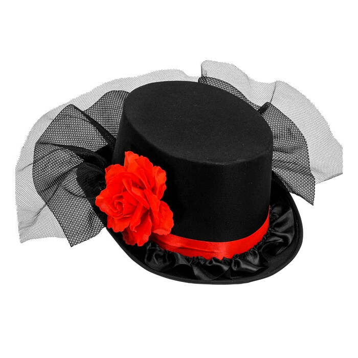 Top Hat With Tulle & Rose  12 Cm