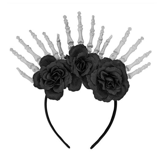Headpiece Skeleton Hands & Black Roses