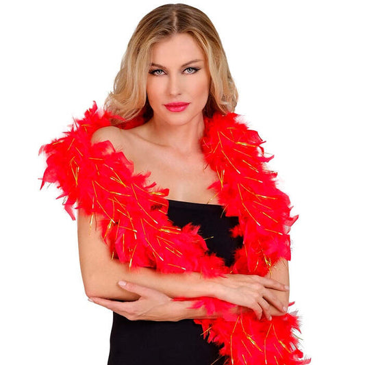Red Feather Boa With Gold Tinsel - 1,80 M - 80 G