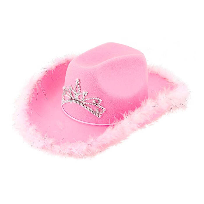 Pink Cowgirl Hat With Tiara & Marabou Trim With Silver Tinsel - In Felt