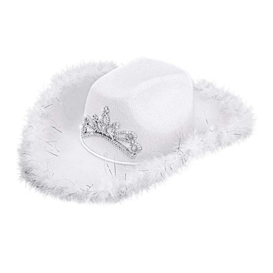 White Cowgirl Hat With Tiara & Marabou Trim With Silver Tinsel - In Felt