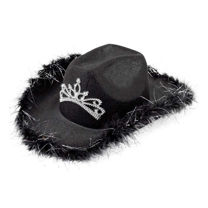 Black Cowgirl Hat With Tiara & Marabou Trim With Silver Tinsel - In Felt