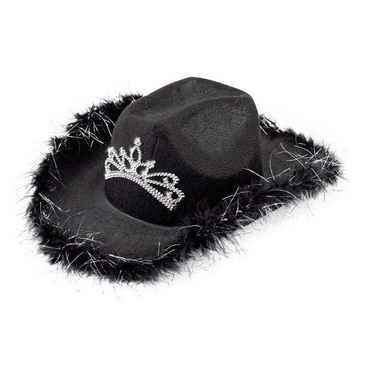 Black Cowgirl Hat With Tiara & Marabou Trim With Silver Tinsel - In Felt