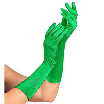 Green Satin Elastane Gloves 40 Cm