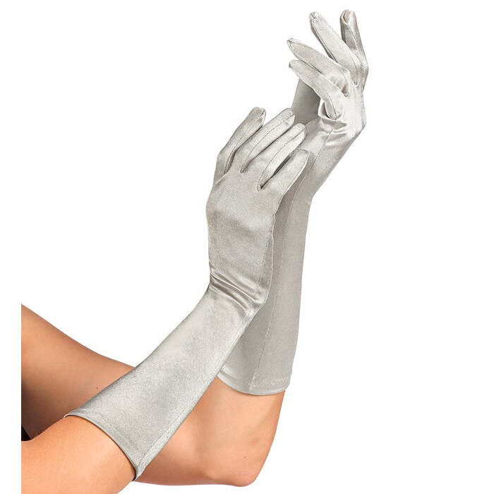 Silver Satin Elastane Gloves 40 Cm