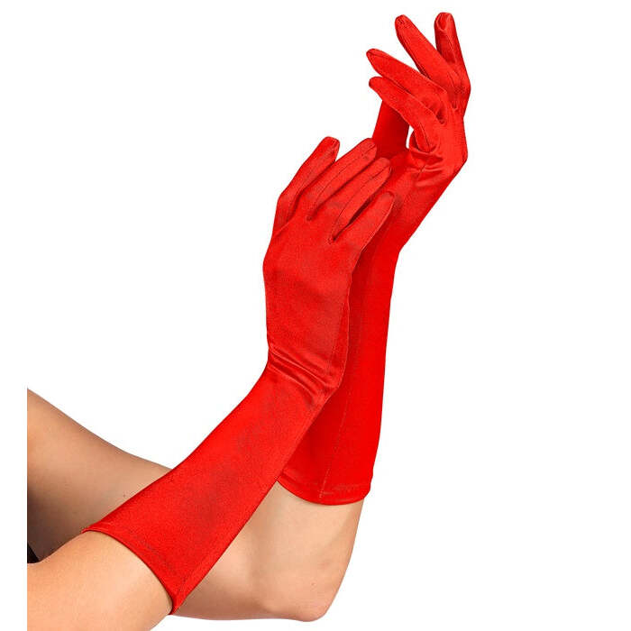 Red Satin Elastane Gloves 40 Cm