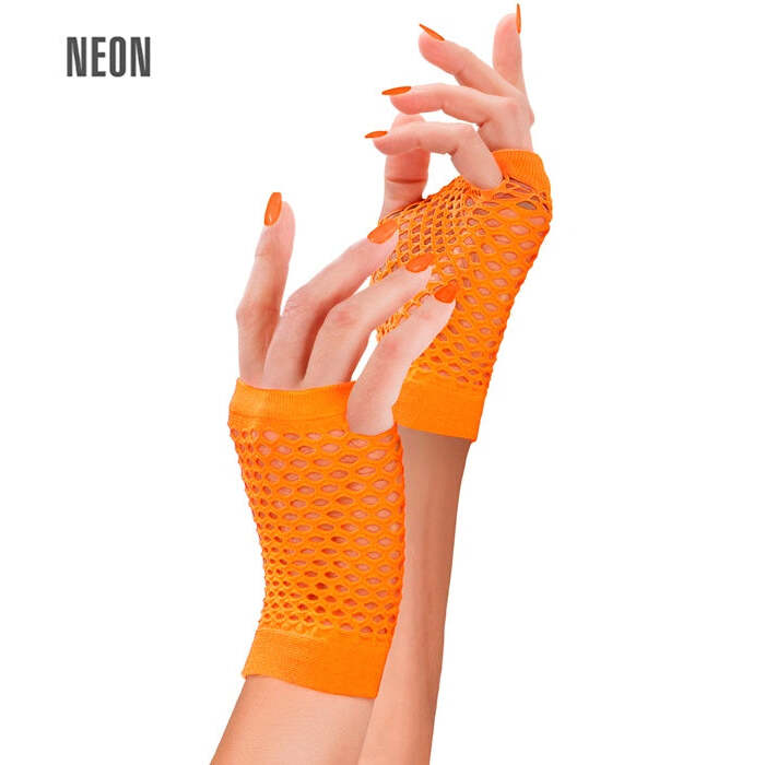 Neon Orange Fingerless Fishnet Gloves