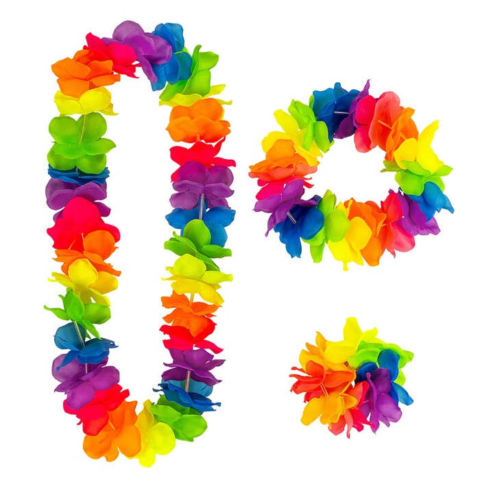 Multicolor Hawaiian Set  Lei, Crown, Bracelet 