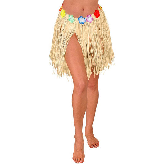 Straw Hula Miniskirt With Flower Belt 40 Cm - Adjustable Size