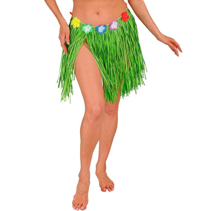 Green Straw Hula Miniskirt With Flower Belt 40 Cm - Adjustable Size