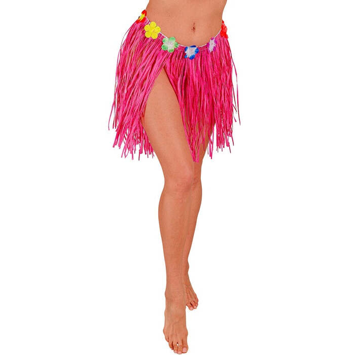 Pink Straw Hula Miniskirt With Flower Belt 40 Cm - Adjustable Size