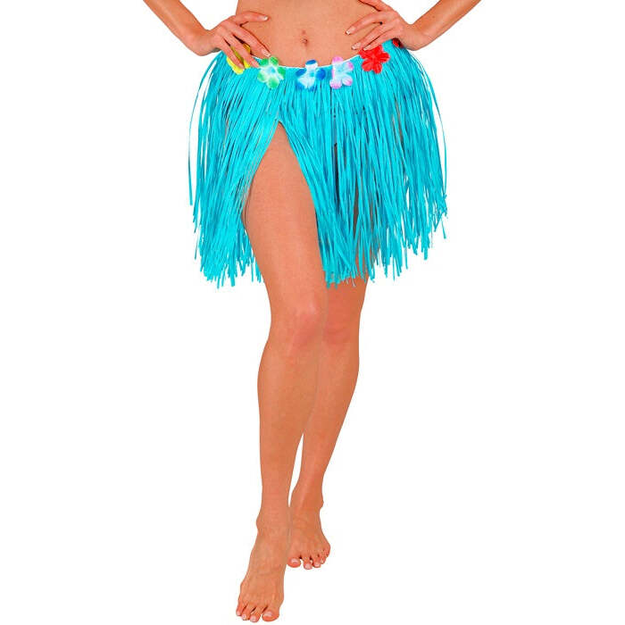 Azure Straw Hula Miniskirt With Flower Belt 40 Cm - Adjustable Size