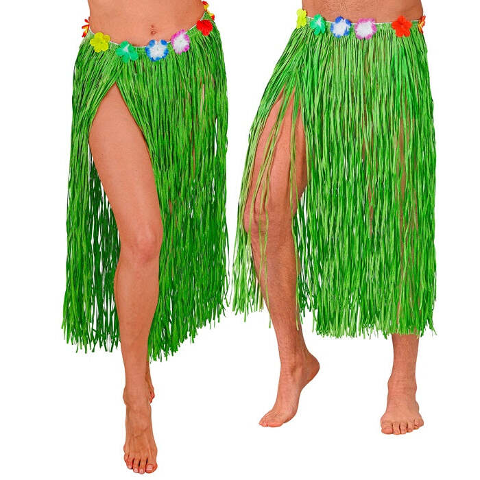 Green Straw Hula Skirt With Flower Belt 80 Cm - Adjustable Size