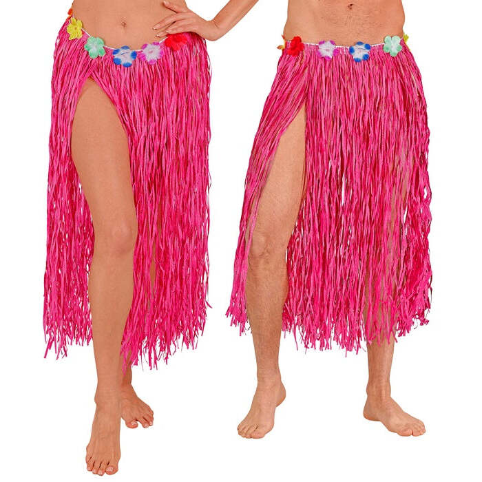 Pink Straw Hula Skirt With Flower Belt 80 Cm - Adjustable Size