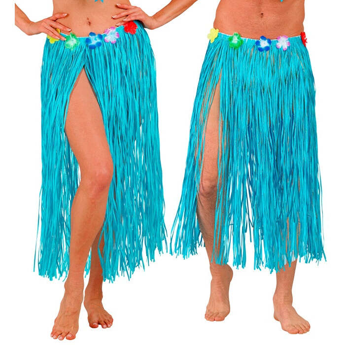 Azure Straw Hula Skirt With Flower Belt 80 Cm - Adjustable Size