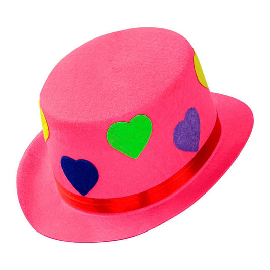 Top Hat Felt Pink With Hearts 11 Cm