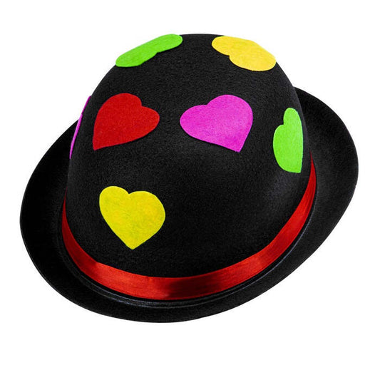 Black Bowler Hat With Hearts Felt