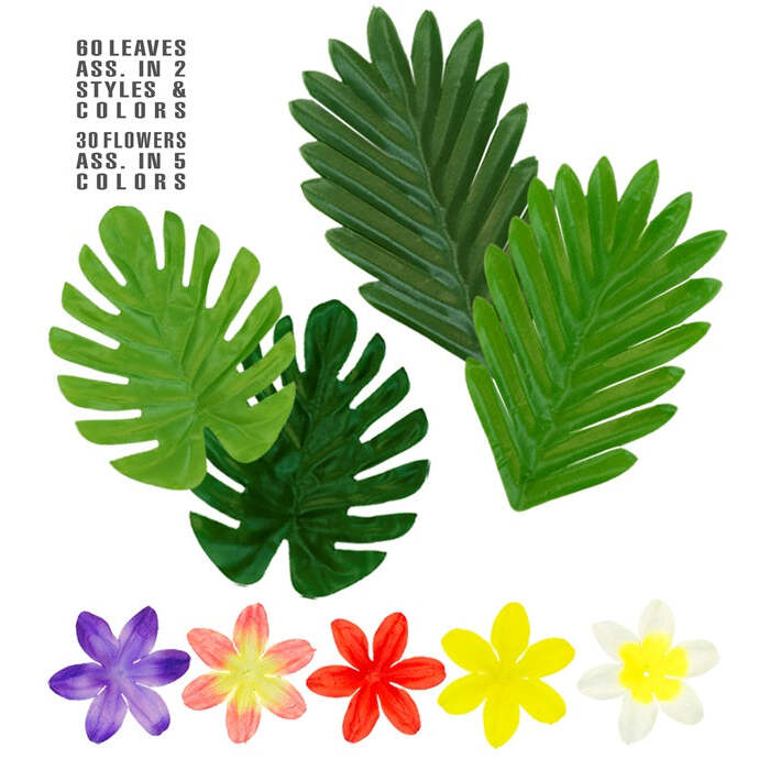 Hawaiian Table Decoration Set  60 Leaves Ass. In 2 Styles & Colors + 30 Flowers Ass. In 5 Colors 
