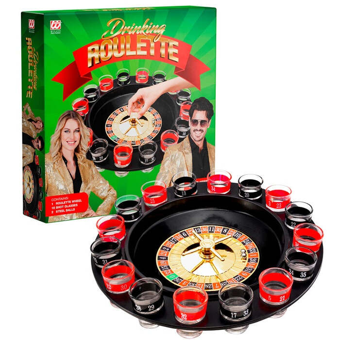 “Drinking Game Roulette Set”  Roulette Wheel, 16 Shot Glasses, 2 Steel Balls 