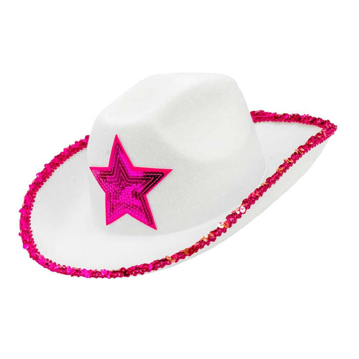 White Cowgirl Party Hat With Hot Pink Sequin Star