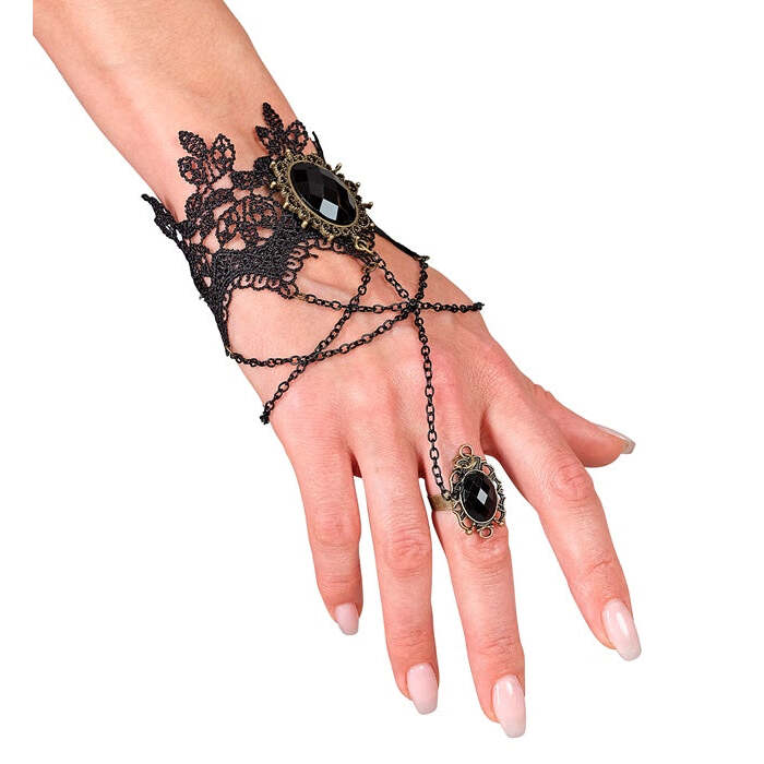 Lace Bracelet With Ring &amp; Black Gems