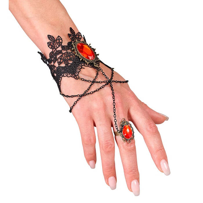 Lace Bracelet With Ring & Red Gems