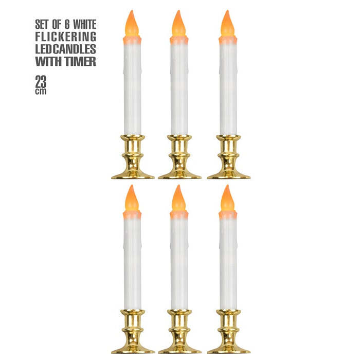 Set Of 6 White Flickering Led Candles With Timer 23 Cm