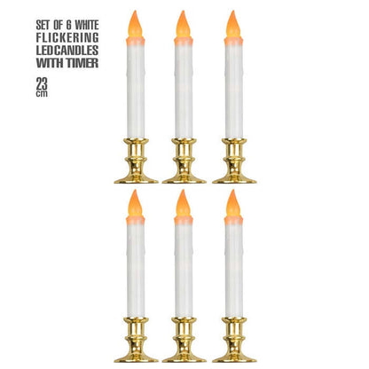 Set Of 6 White Flickering Led Candles With Timer 23 Cm