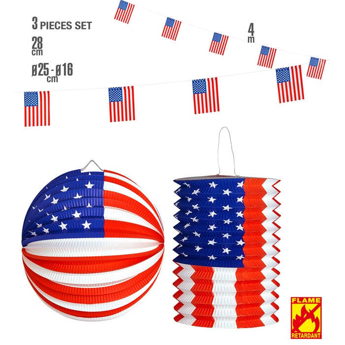 Set Of U.S.A. Flag Garland 4 M, Paper Ball Ø 25 Cm & Lantern Ø 16 Cm - H 28 Cm” Flame Retardant