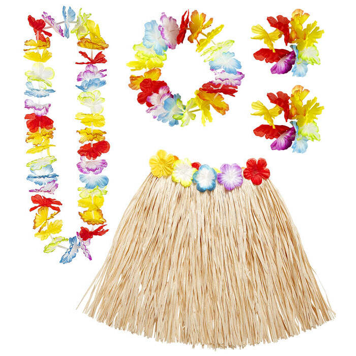Hawaiian Set  Hula Skirt With Flower Belt, Flower Lei, Crown, 2 Bracelets 