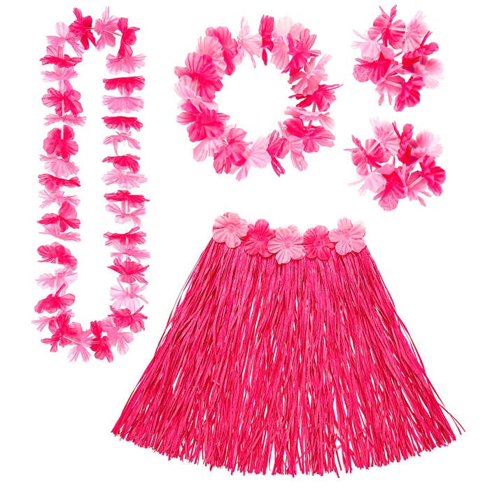 Pink Hawaiian Set  Hula Skirt With Flower Belt, Flower Lei, Crown, 2 Bracelets 