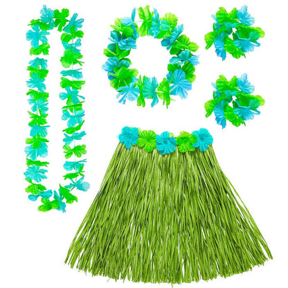Green Hawaiian Set  Hula Skirt With Flower Belt, Flower Lei, Crown, 2 Bracelets 