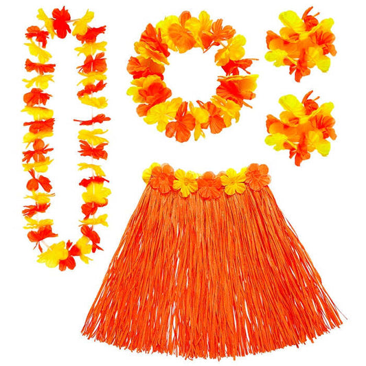 Orange Hawaiian Set  Hula Skirtwith Flower Belt, Flower Lei, Crown, 2 Bracelets 