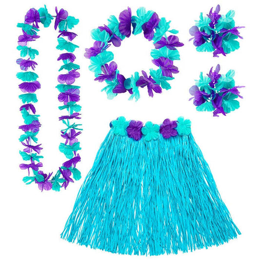 Blue Hawaiian Set  Hula Skirt With Flower Belt, Flower Lei, Crown, 2 Bracelets 