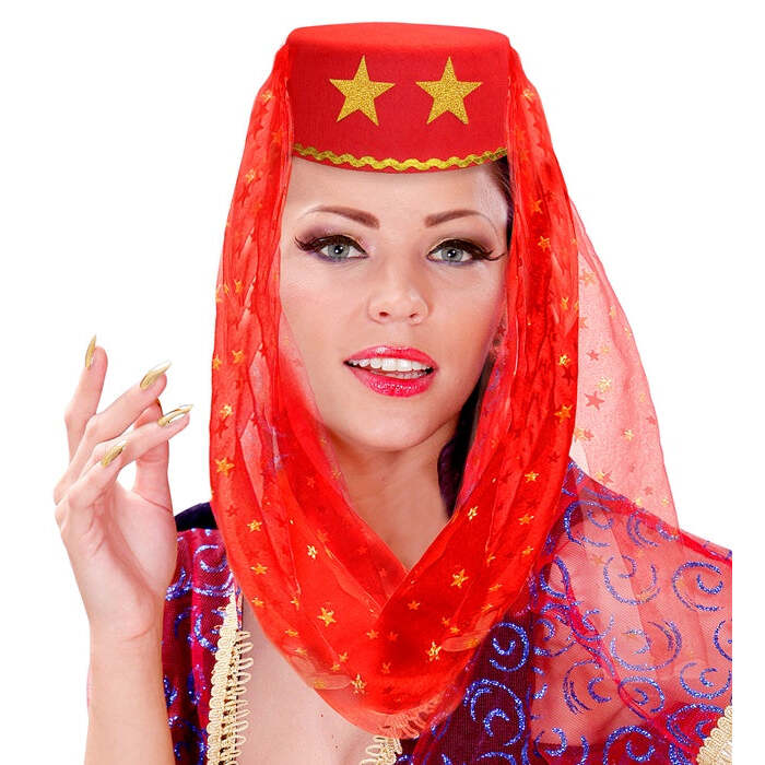 Harem Hat With Veil Felt - Red Color