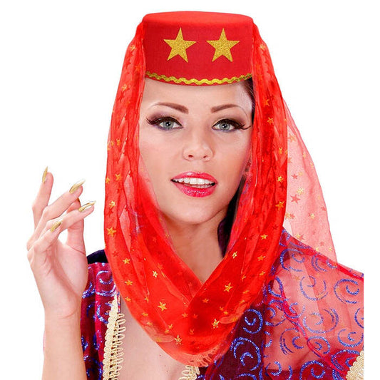 Harem Hat With Veil Felt - Red Color