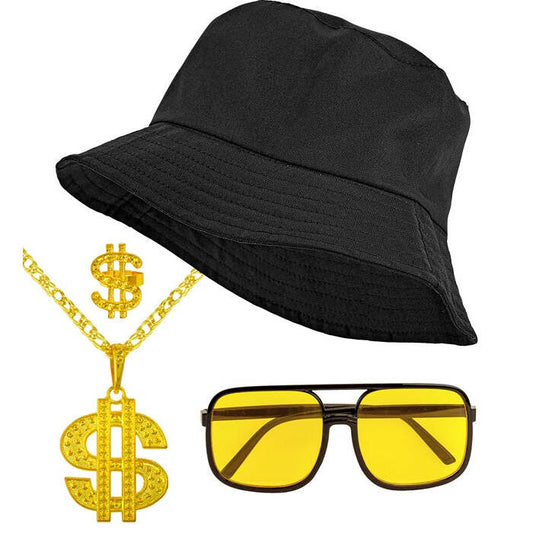 The 90S Hip Hop Fashion - Black  Bucket Hat, Glasses, Necklace, Ring 