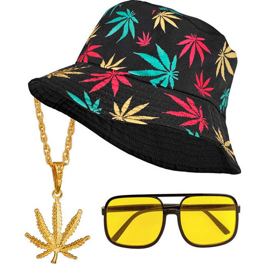 The 90S Hip Hop Fashion - Ganja   Bucket Hat, Glasses, Necklace 