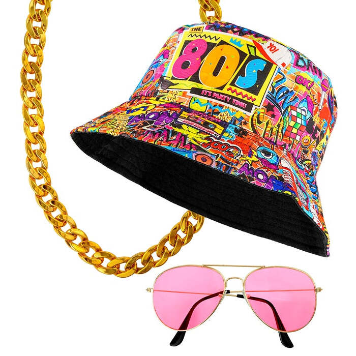 The 80S Funky Fashion - Graffiti  Bucket Hat, Glasses, Necklace 