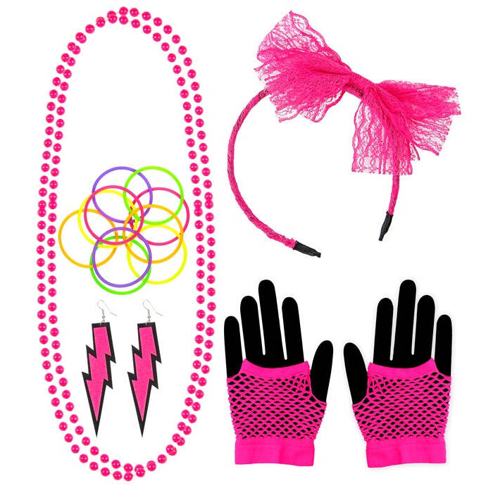 Neon Pink The 80S Fashion Accessories  Lace Bow Headband, 2 Beaded Necklaces, Pair Of Earrings, Pair Of Fingerless Fishnet Gloves, 10 Bracelets 