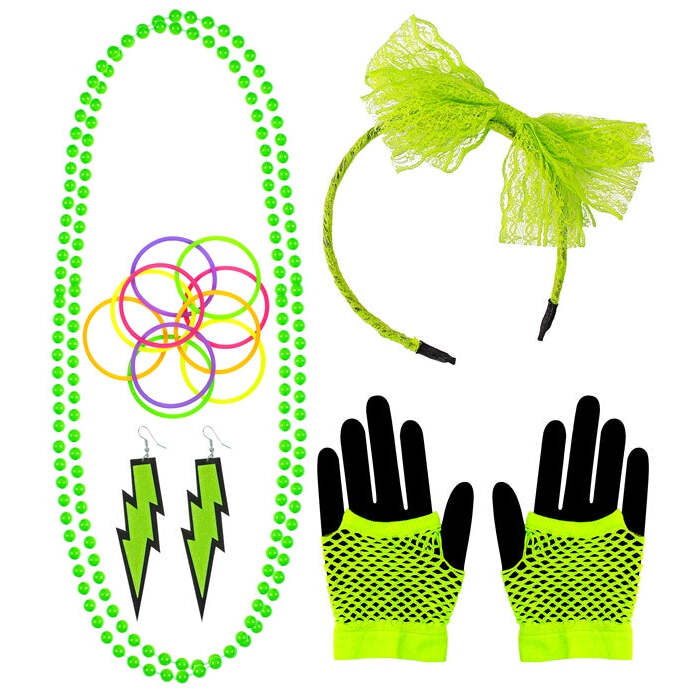 Neon Green The 80S Fashion Accessories  Lace Bow Headband, 2 Beaded Necklaces, Pair Of Earrings, Pair Of Fingerless Fishnet Gloves, 10 Bracelets 