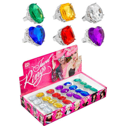 Colored Jewel Rings In Display Box - 4 Styles & 6 Colors Ass. 