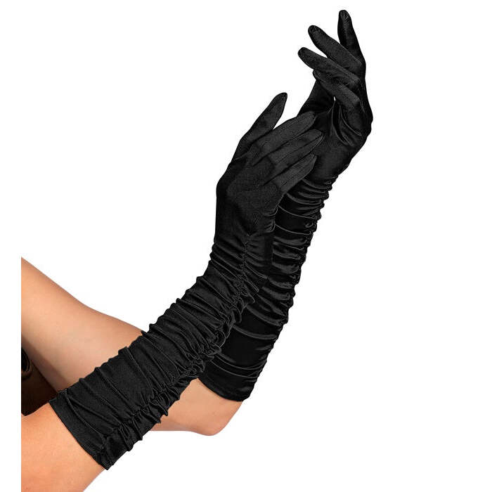 Black Plissé Satin Elastane Gloves 44 Cm