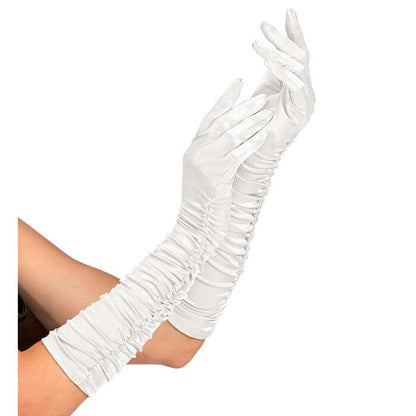 White Plissé Satin Elastane Gloves 44 Cm