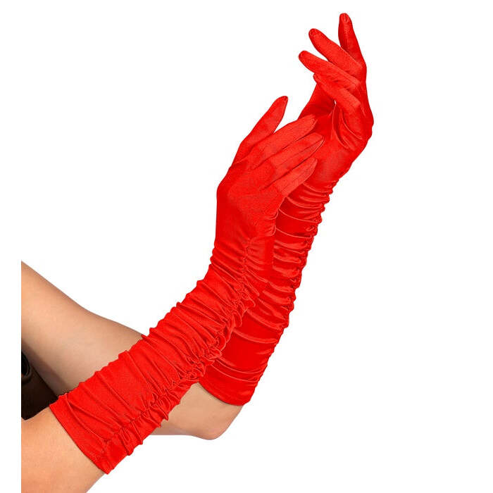 Red Plissé Satin Elastane Gloves 44 Cm
