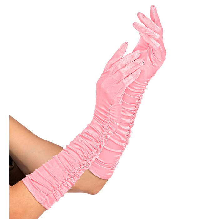 Pink Plissé Satin Elastane Gloves 44 Cm