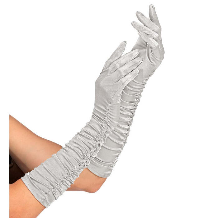 Silver Plissé Satin Elastane Gloves 44 Cm
