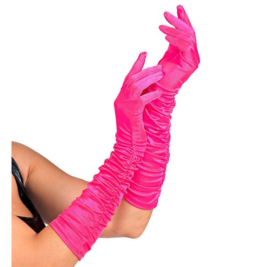 Neon Pink Plissé Satin Elastane Gloves 44 Cm